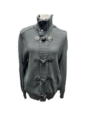 Express  Dark Academia Zip Toggle Knit Cardigan Elbow Patch Sweater Grey …